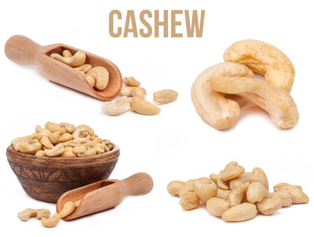 set of four compositions cashews isolated on white backgroundの写真素材
