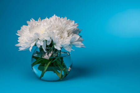 bouquet of white chrysanthemums in small round vaseの写真素材