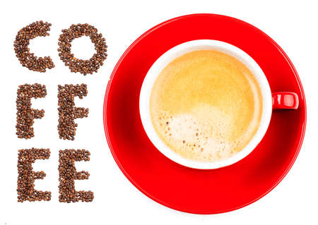 red cup of coffee isolated on white backgroundの写真素材