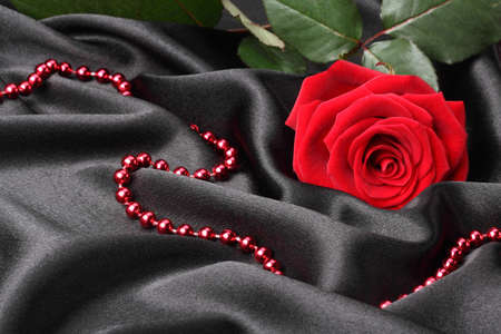 beautiful red rose on black background with necklaceの写真素材