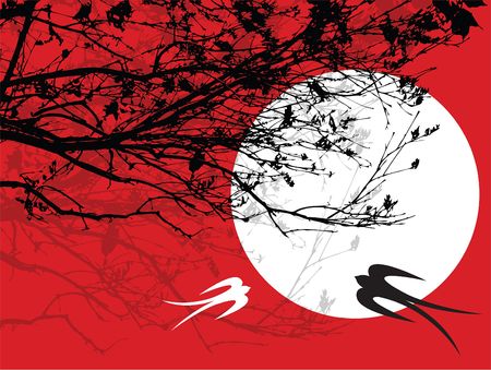 silhouette branches and swallows with moon - illustrated artのイラスト素材