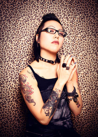 Gothic girl and leopard print backgroundの写真素材