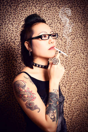 Gothic girl and leopard print backgroundの写真素材