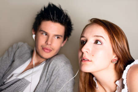 Couple listening music.の写真素材