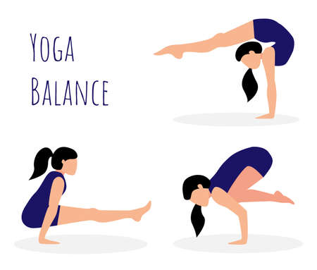 Vector set with balances in yoga. Girl is practicing yoga. Woman doing handstand.のイラスト素材