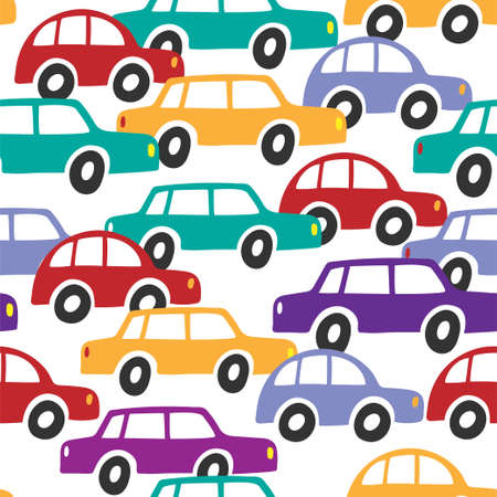 Seamless vector pattern with colorful cars on a white background.のイラスト素材