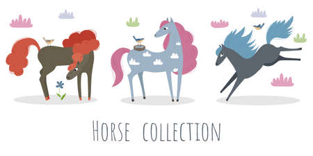 Vector set with colorful horses and birds. Cute animals for children. Illustration for children.のイラスト素材
