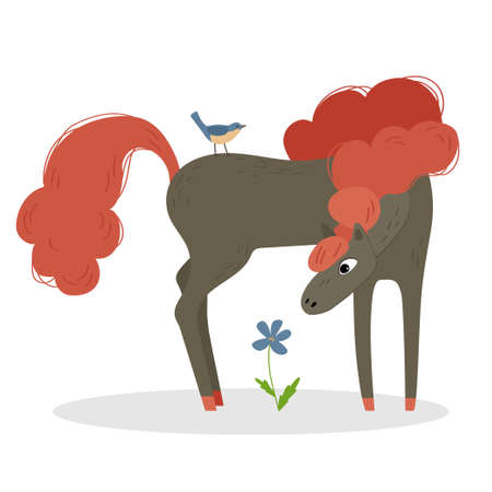 Bay horse with a orange mane with bird and flower. Illustration for children.のイラスト素材