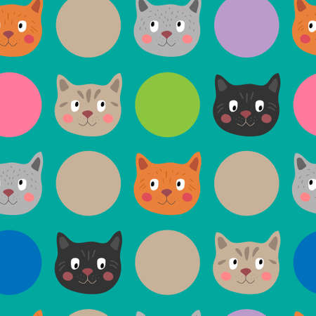 Seamless vector pattern with cat faces on a green background. Cute cats for children.のイラスト素材