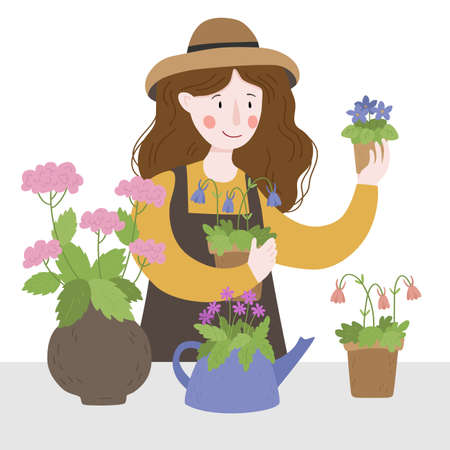 Woman holds a flower pots with flowers from the garden. Gardening. Farming.のイラスト素材