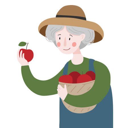 Woman holds a basket with apples from the garden. Gardening. Farming. Vector illustrationのイラスト素材
