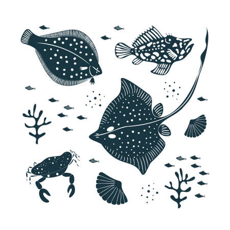 Hand drawn vector collection with sea creatures. Isolated vector element on a white background....