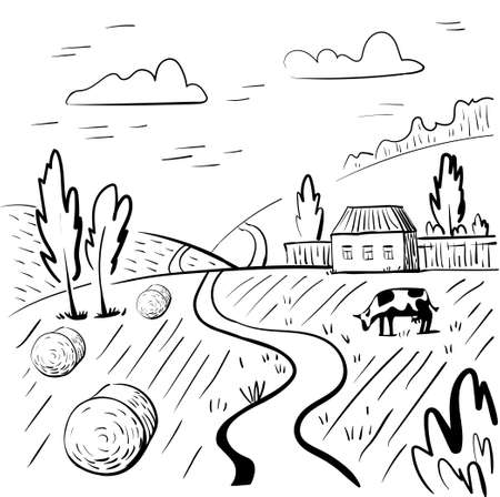 Rural landscape with house, hay and cow. Hand drawn black and white rural landscape.のイラスト素材