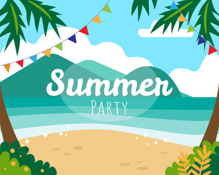 Summer party. Landscape with sea, beach, palms and flags.のイラスト素材