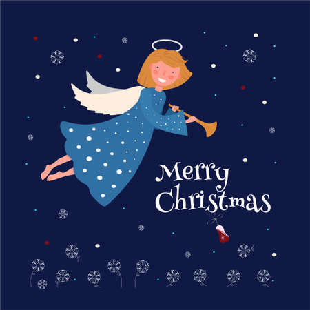 Christmas angel with a trumpet and the text Merry Christmas.のイラスト素材