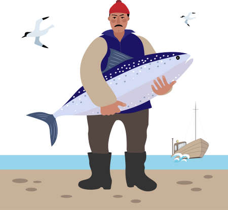 The sailor stands with a large fish in his hands.のイラスト素材