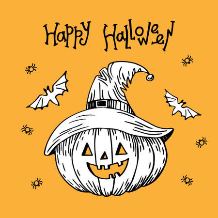 Illustration of halloween pumpkin. Pumpkin on orange background. Lettering Happy Halloween. Hand drawn illustration.のイラスト素材