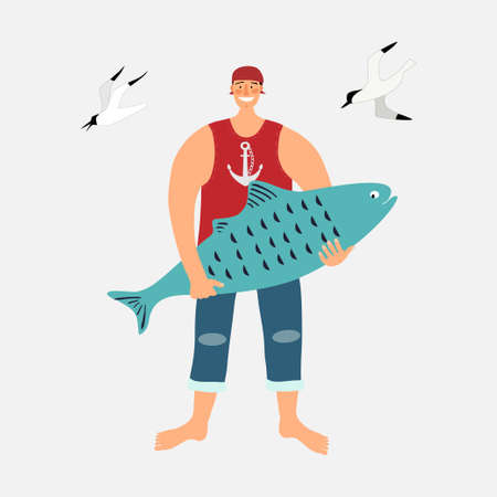 The sailor stands with a large blue fish in his hands.のイラスト素材