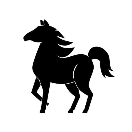 Black silhouette of a horse on a white background. The horse is standing, the mane flutters. Monochrome horse.のイラスト素材