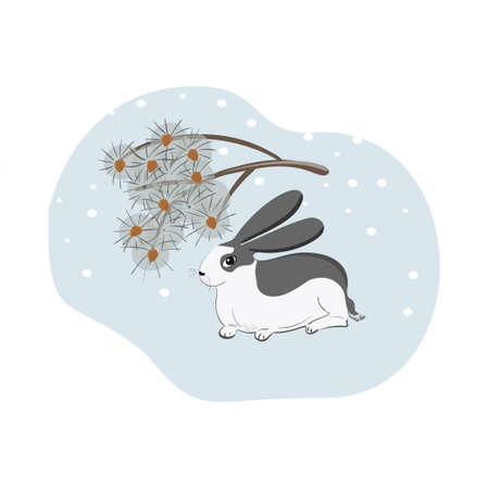 Cute rabbit in oriental style with a pine branch on a blue background. White hare with gray spots. Winter scene with rabbit and snow.のイラスト素材