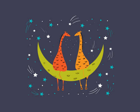Two giraffes in love are sitting on the moon at night. Starfall and comets.のイラスト素材