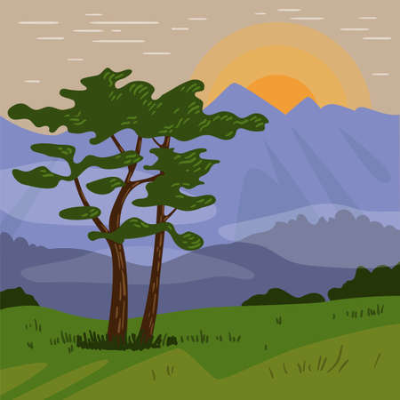 Hand drawn landscape with sunrise, tree, mountain. African nature.のイラスト素材