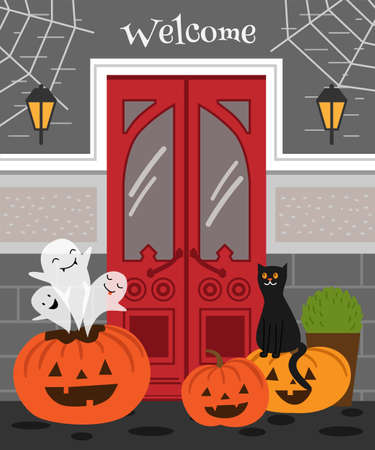 Halloween Poster with red front door. Three ghosts fly out of the pumpkin. The cat is sitting on a pumpkin.のイラスト素材