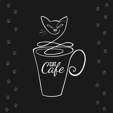 Cup in a simple linear style with cat outline on a black background. Cat cafe logoのイラスト素材