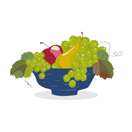 Fruit bowl with grapes, apple and pear on white backgroundのイラスト素材