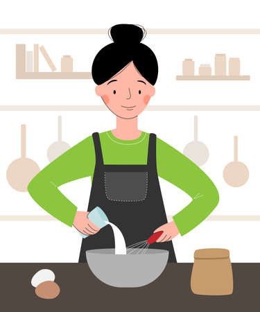 Vector scene with a cook in the kitchen. Woman cooking. Chef womanのイラスト素材