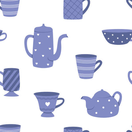 Seamless vector pattern with tea cups and teapots on a white background. Tea time.のイラスト素材