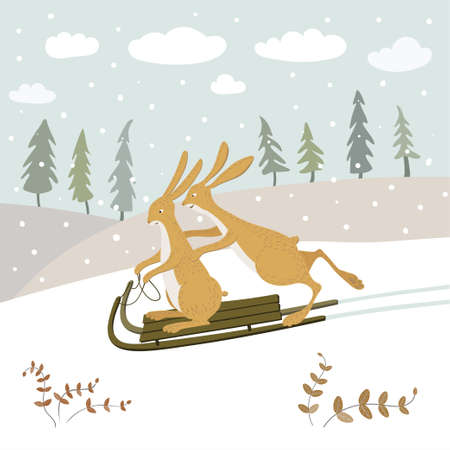 Two cute bunnies are sledding in the winter forest. Rabbits are playing and having fun.のイラスト素材