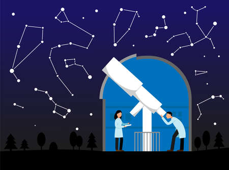 Vector illustration with observatory, night sky and constellations. Telescope in observatory....