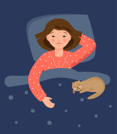 A girl in pink pajamas lies in bed and cannot sleep. Insomnia. The cat lies on the blanket.のイラスト素材