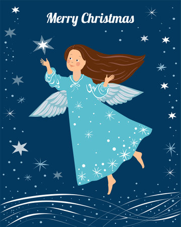 Cute christmas angel with a stars and snowflakes on a blue background. Little girl angel with blue wings flying in the sky. Christmas cardのイラスト素材