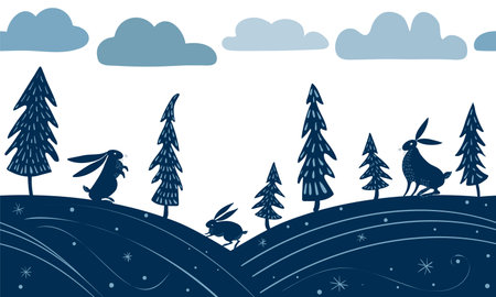 Seamless vector monochrome border with winter forest, fir tree and hares.のイラスト素材