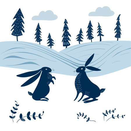 Vector scene with two hares in the winter forest. Hares are sitting in the snow.のイラスト素材