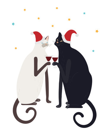 Two vector funny cats are celebrating the Christmas and new year. Cats in red caps drink wineのイラスト素材