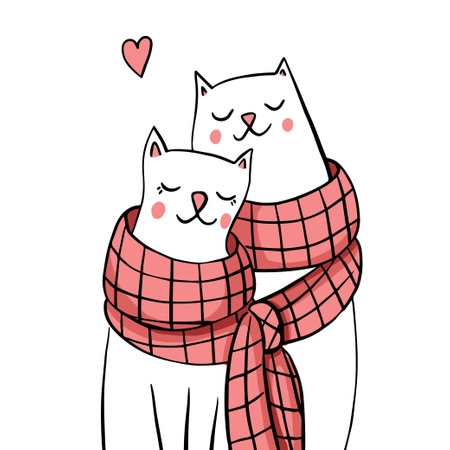 Couple of cute cats in love. Cats in hand drawn doodle style isolated on a white background. Valentines day.のイラスト素材