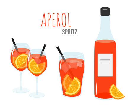 cocktail on a white background. Two wineglasses, glass and a bottle with liquor.のイラスト素材