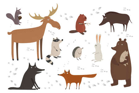 Vector set with forest animals in hand drawn style. Funny animals isolated on a white background. Squirrel, moose, rabbit, wolf and fox.のイラスト素材