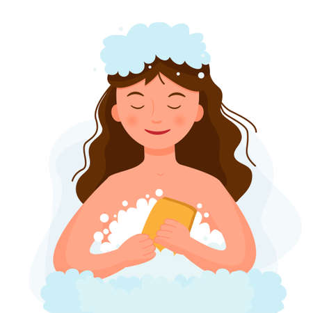 A woman takes a shower in his bathroom. Girl takes care of her body. Morning hygiene.のイラスト素材