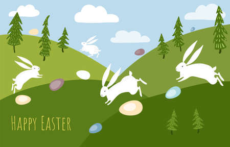 Vector spring landscape with fields and trees. White rabbits run through the meadows with eggs. Easter scene.のイラスト素材