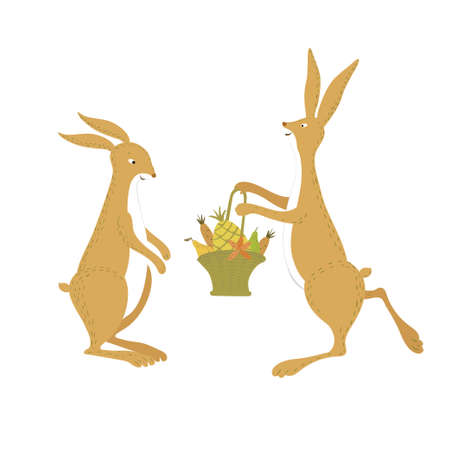 Vector scene with cute bunnies, the guy gives the girl a basket of fruits and vegetables. The life of fairy bunnies. Hare isolated on a white background.のイラスト素材
