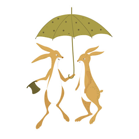 Date at the bunnies. Hares walk under an umbrella. Vector illustration for children isolated on a white background.のイラスト素材