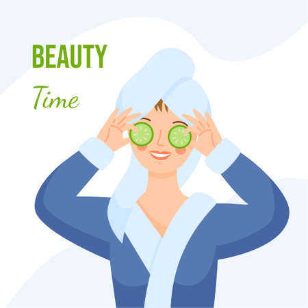 A girl in a dressing gown with a towel on her head makes a mask with cucumbers. The girl holds cucumbers in her hands. Woman at the spa. Beauty time.のイラスト素材