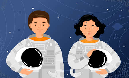 Two astronauts are standing on starry sky background. Man and woman cosmonauts portrait.のイラスト素材