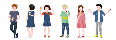 Boys and girls stand and eat ice cream. Children communicate. Teen relationship.のイラスト素材