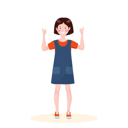 The girl is standing with her thumbs up. The girl is feeling good.のイラスト素材