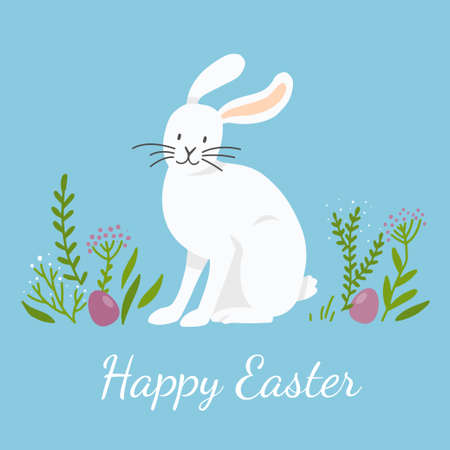 A white bunny is sitting on the lawn. Colorful eggs are hidden in the grass. Easter scene.のイラスト素材